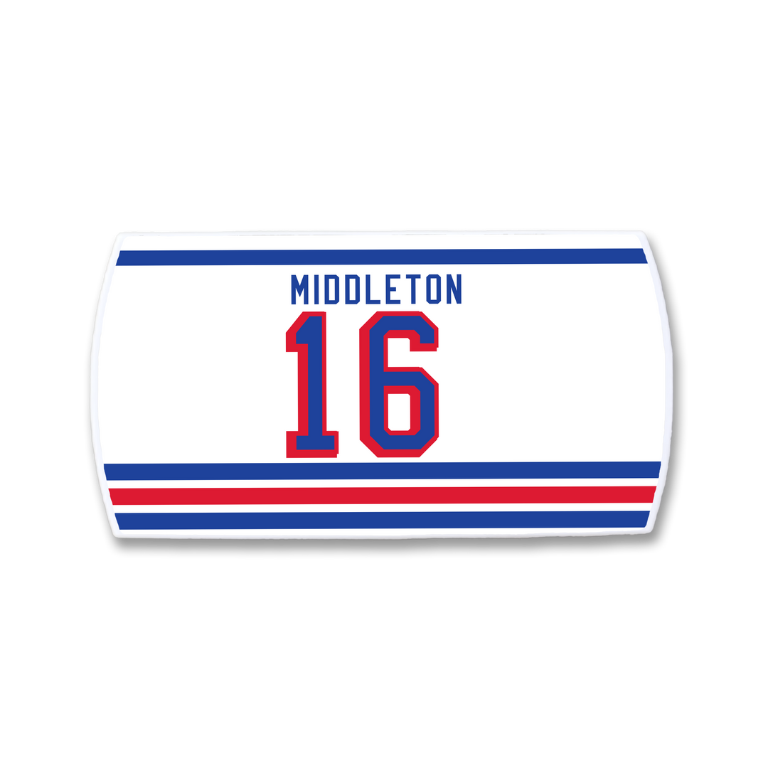 A white rectangular ZippyBack™ patch with blue and red stripes, featuring "Rick Middleton" in blue above a bold red number 16 outlined in blue—a tribute to the skilled winger and offensive threat.