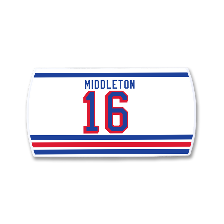A white rectangular ZippyBack™ patch with blue and red stripes, featuring "Rick Middleton" in blue above a bold red number 16 outlined in blue—a tribute to the skilled winger and offensive threat.