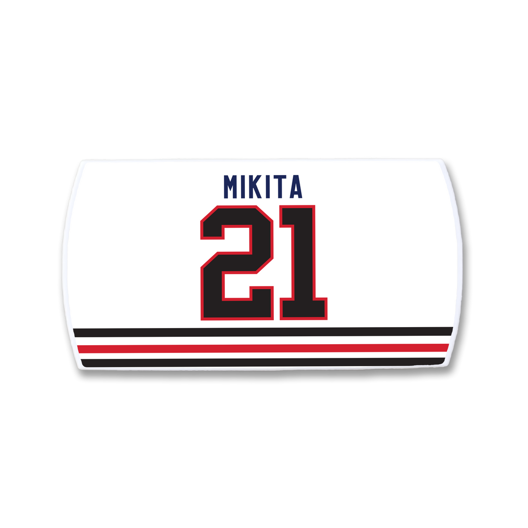 The ZippyBack™ Stan Mikita hockey nameplate showcases his name in blue uppercase letters above a large red and black 21, complete with bold black and red bottom stripes—a tribute to the legendary player.