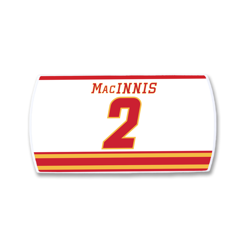 The ZippyBack™ Al MacInnis white hockey jersey nameplate features bold red letters above a large red and yellow number 2 and three matching horizontal stripes at the bottom—a tribute to the slapshot legend.