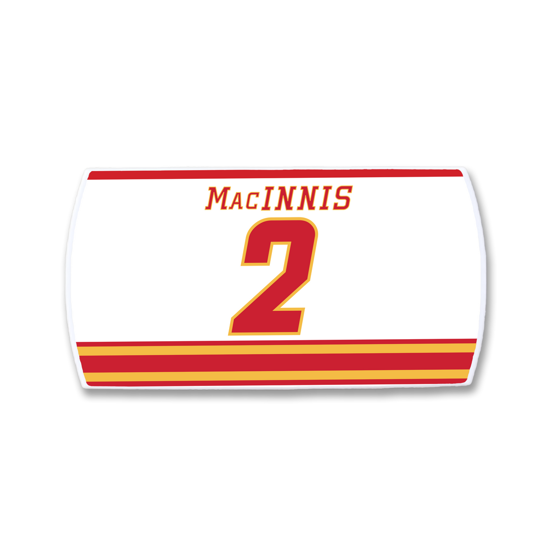 The ZippyBack™ Al MacInnis white hockey jersey nameplate features bold red letters above a large red and yellow number 2 and three matching horizontal stripes at the bottom—a tribute to the slapshot legend.
