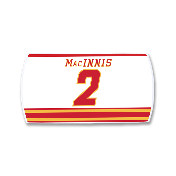 The ZippyBack™ Al MacInnis white hockey jersey nameplate features bold red letters above a large red and yellow number 2 and three matching horizontal stripes at the bottom—a tribute to the slapshot legend.
