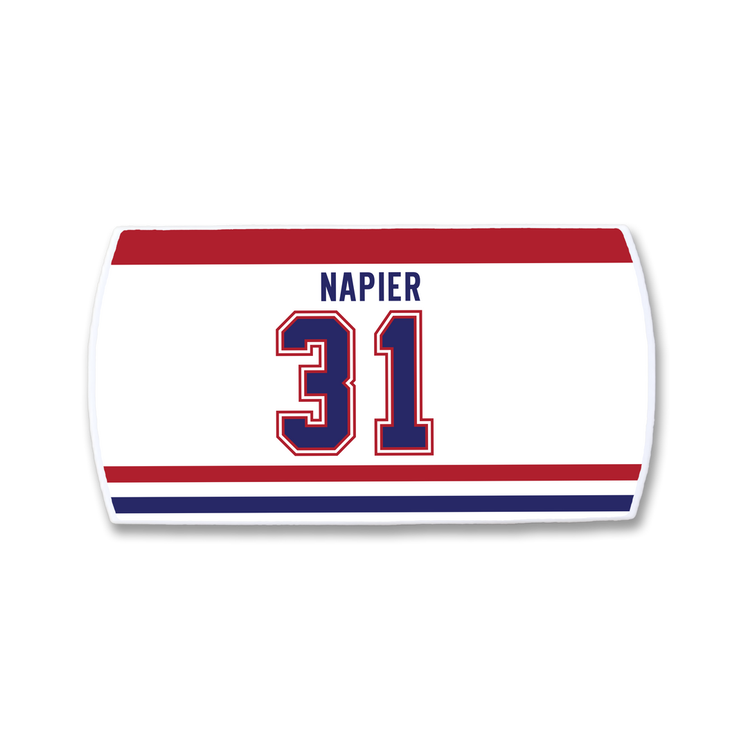 The ZippyBack™ Mark Napier jersey graphic showcases his name and number 31 in bold blue and red on a white background with matching stripes—a must-have for dedicated fans.