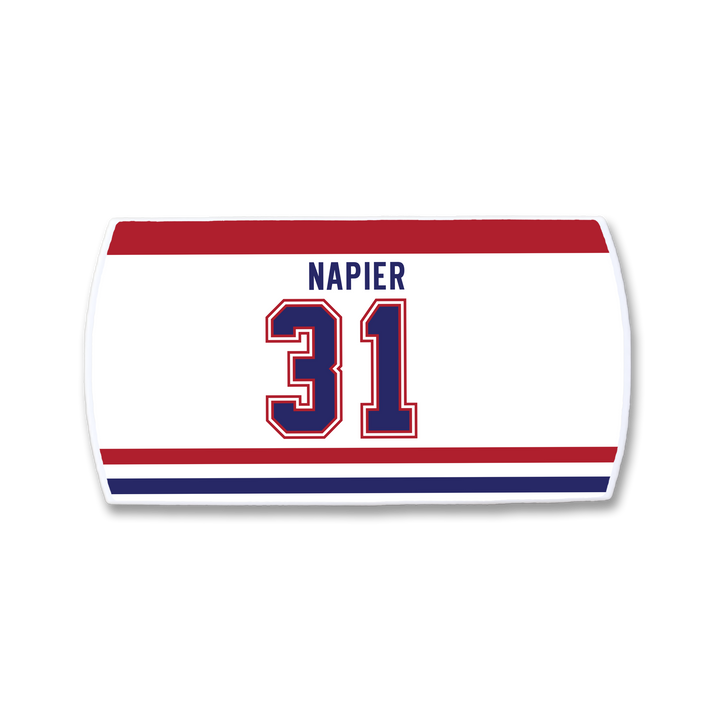 The ZippyBack™ Mark Napier jersey graphic showcases his name and number 31 in bold blue and red on a white background with matching stripes—a must-have for dedicated fans.