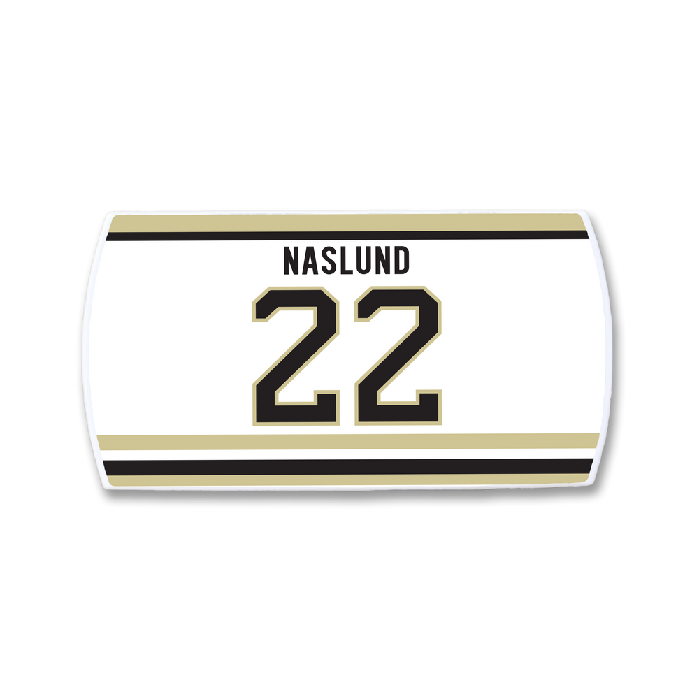 The ZippyBack™ Markus Näslund nameplate features white fabric with gold and black stripes, his name above the number 22 in bold black with gold outline—a fitting tribute to the legendary scorer’s offensive impact.