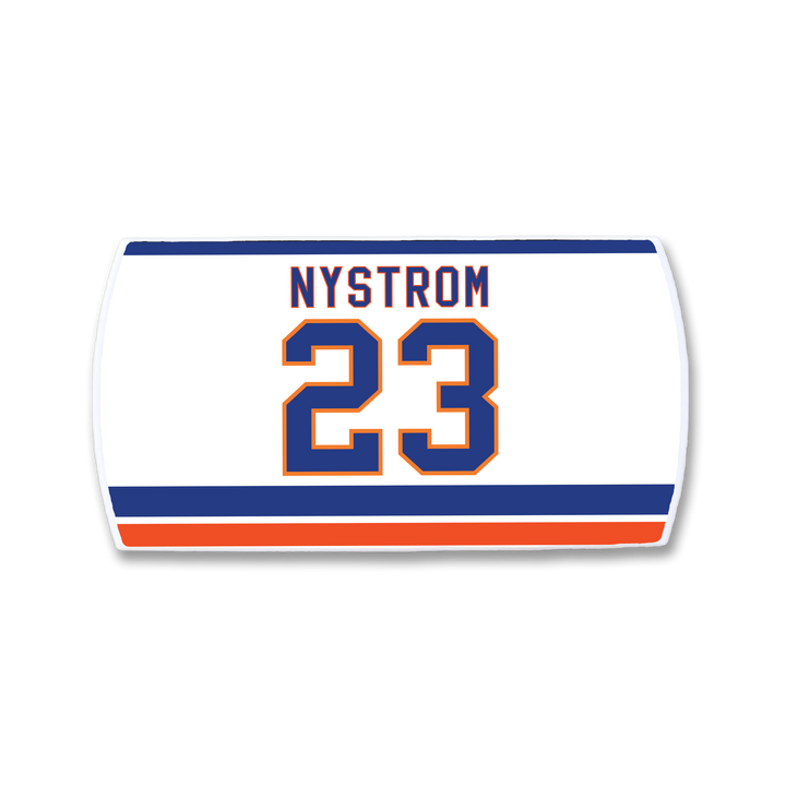 A ZippyBack™ Bob Nystrom white hockey jersey nameplate with blue and orange stripes, proudly featuring NYSTROM and number 23 in bold team colors—a tribute to his iconic championship legacy.