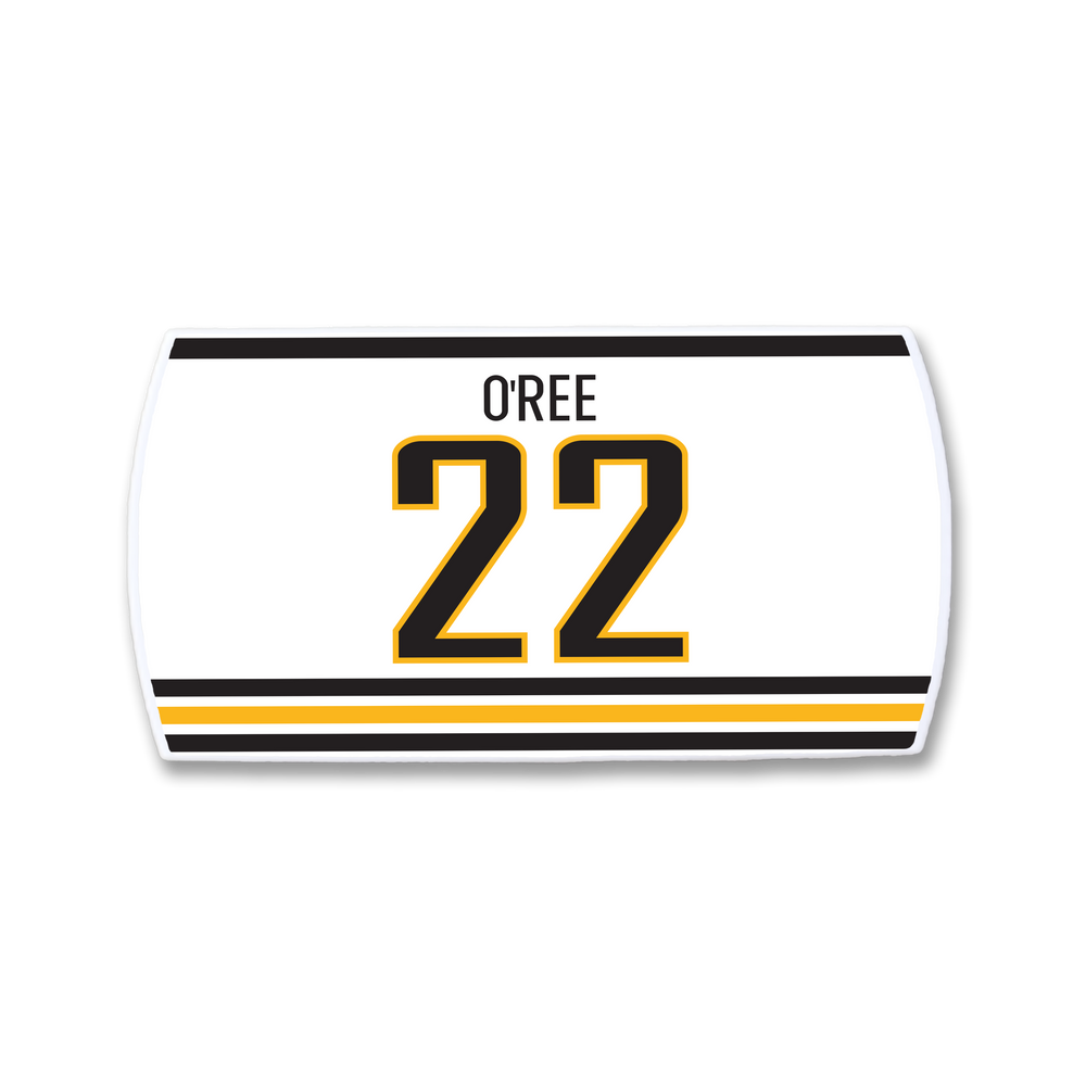 The ZippyBack™ Willie O’Ree nameplate features his name in black above the number 22, outlined in black and gold, with two horizontal black and gold stripes below, honoring a forward who changed hockey history.