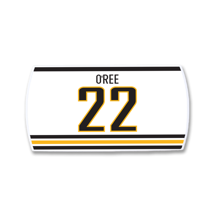 The ZippyBack™ Willie O’Ree nameplate features his name in black above the number 22, outlined in black and gold, with two horizontal black and gold stripes below, honoring a forward who changed hockey history.