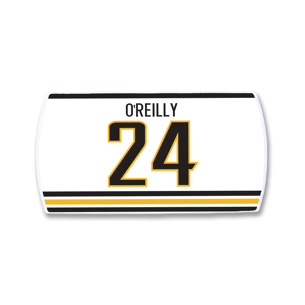 A ZippyBack™ white jersey nameplate featuring OREILLY in black above the number 24 in bold black and gold, bordered with matching stripes—a tribute to rugged winger Terry O’Reilly.