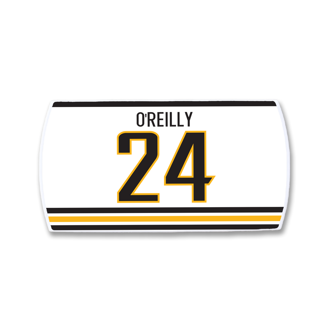 A ZippyBack™ white jersey nameplate featuring OREILLY in black above the number 24 in bold black and gold, bordered with matching stripes—a tribute to rugged winger Terry O’Reilly.