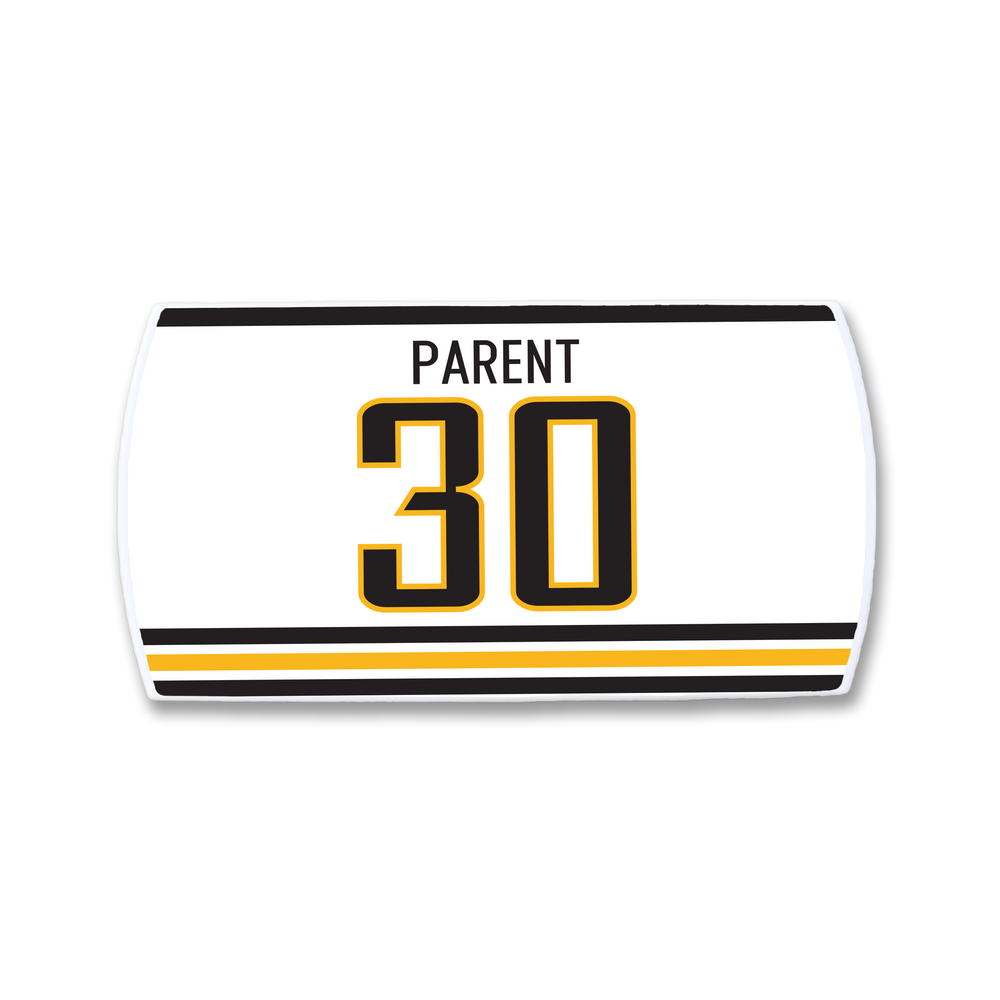 The ZippyBack™ Bernie Parent jersey is white with black and gold stripes, featuring Parent's name and the number 30—a tribute to the legendary championship goaltender.