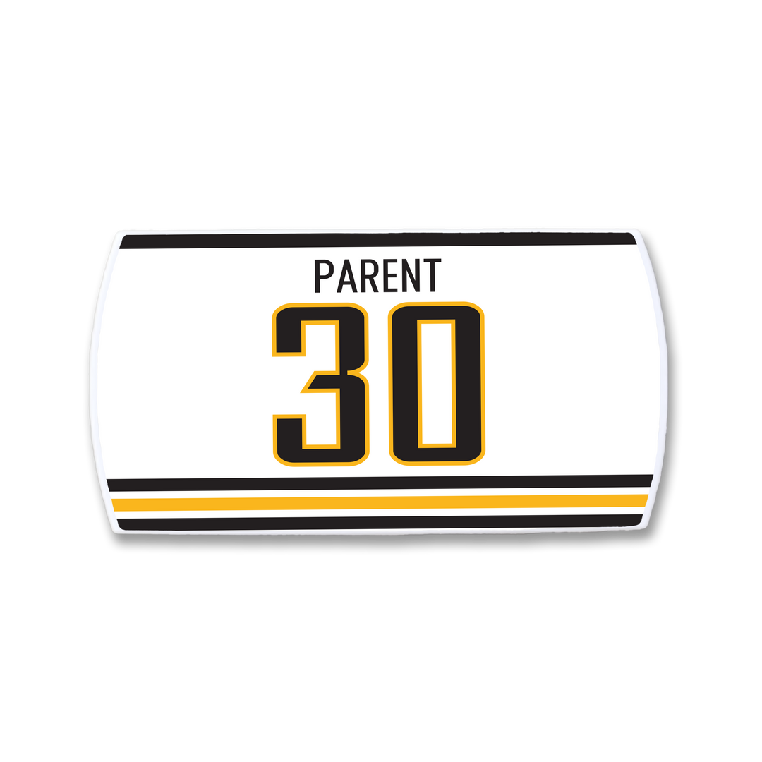 The ZippyBack™ Bernie Parent jersey is white with black and gold stripes, featuring Parent&