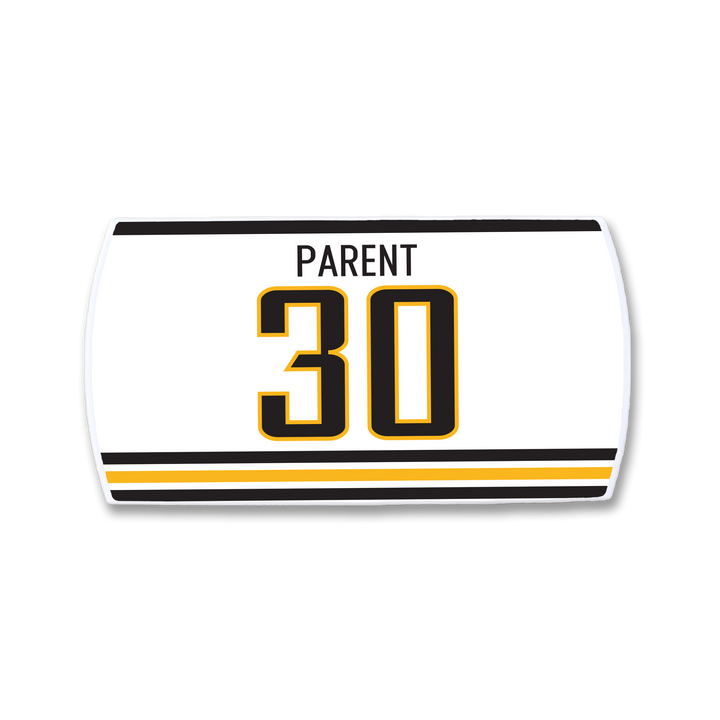 The ZippyBack™ Bernie Parent jersey is white with black and gold stripes, featuring Parent&