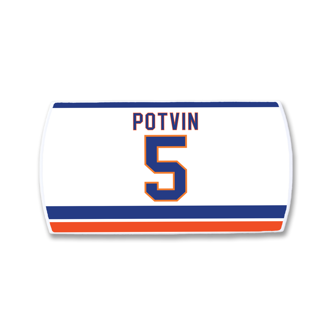 A ZippyBack™ white hockey jersey nameplate featuring Denis Potvin and number 5 in blue with orange trim above blue and orange stripes, honoring the legendary defenseman known for his offensive skill.