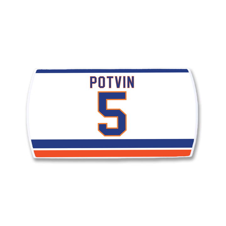 A ZippyBack™ white hockey jersey nameplate featuring Denis Potvin and number 5 in blue with orange trim above blue and orange stripes, honoring the legendary defenseman known for his offensive skill.