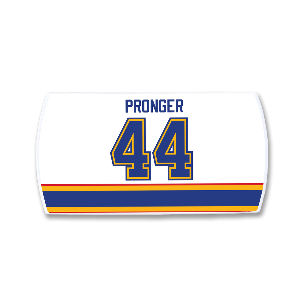 The ZippyBack™ Chris Pronger white hockey jersey nameplate features "PRONGER" in blue block letters above number 44, with blue, gold, and red horizontal stripes near the bottom to honor the legendary defenseman.