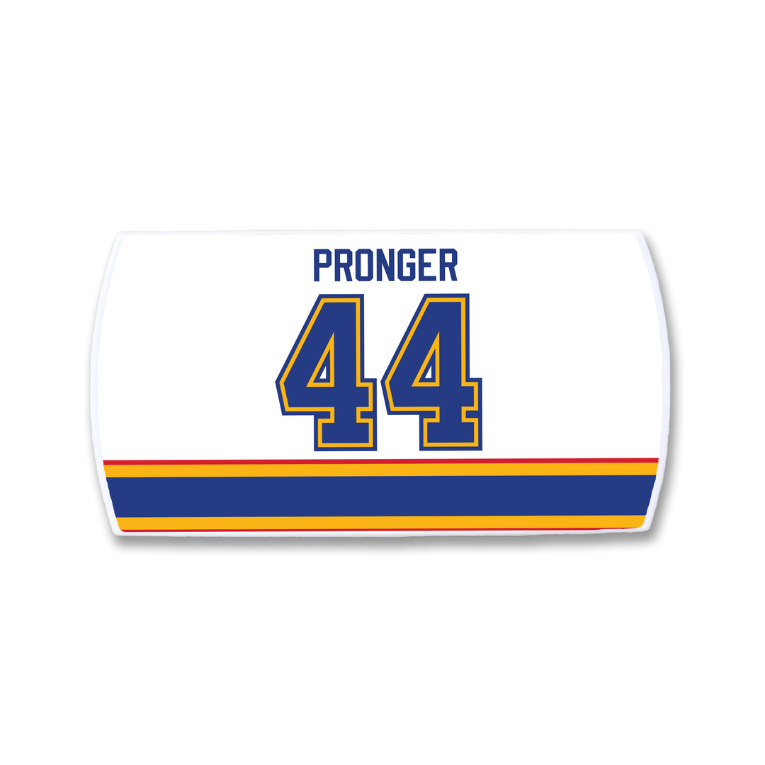 The ZippyBack™ Chris Pronger white hockey jersey nameplate features "PRONGER" in blue block letters above number 44, with blue, gold, and red horizontal stripes near the bottom to honor the legendary defenseman.