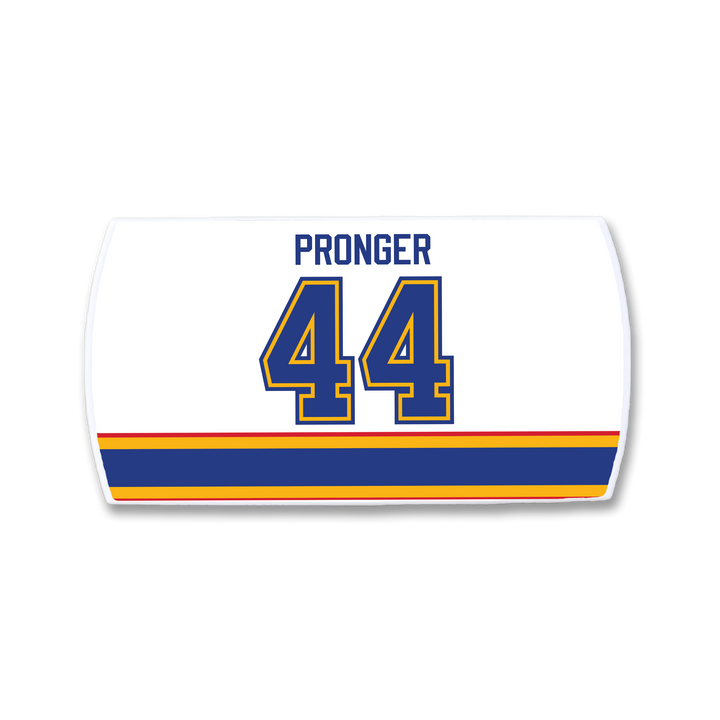 The ZippyBack™ Chris Pronger white hockey jersey nameplate features "PRONGER" in blue block letters above number 44, with blue, gold, and red horizontal stripes near the bottom to honor the legendary defenseman.