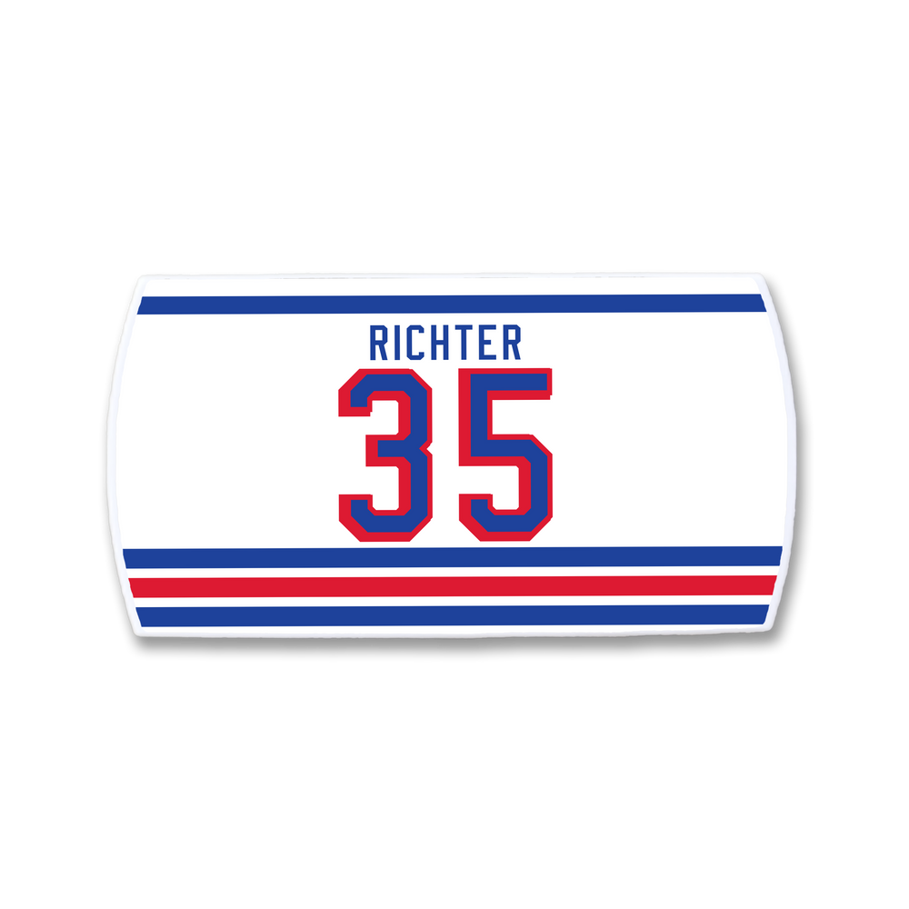 The ZippyBack™ Mike Richter white hockey jersey patch features his name in blue above a large red and blue 35, with blue and red horizontal stripes below, honoring the legendary goaltender.
