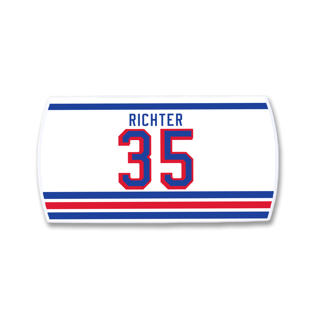 The ZippyBack™ Mike Richter white hockey jersey patch features his name in blue above a large red and blue 35, with blue and red horizontal stripes below, honoring the legendary goaltender.