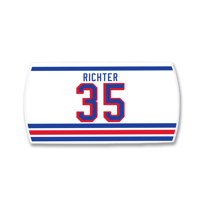 The ZippyBack™ Mike Richter white hockey jersey patch features his name in blue above a large red and blue 35, with blue and red horizontal stripes below, honoring the legendary goaltender.