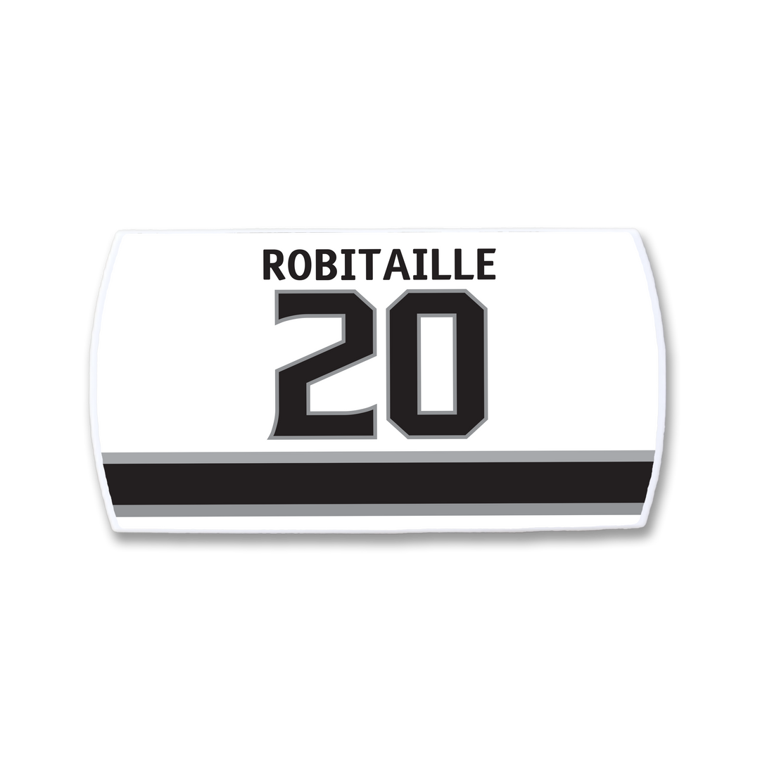 ZippyBack™ Luc Robitaille nameplate: white hockey jersey patch with "Luc Robitaille" in black above number 20 and a black stripe below—ideal for fans of legendary left wingers.