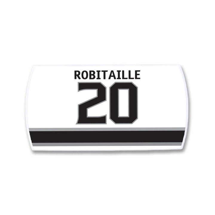 ZippyBack™ Luc Robitaille nameplate: white hockey jersey patch with "Luc Robitaille" in black above number 20 and a black stripe below—ideal for fans of legendary left wingers.