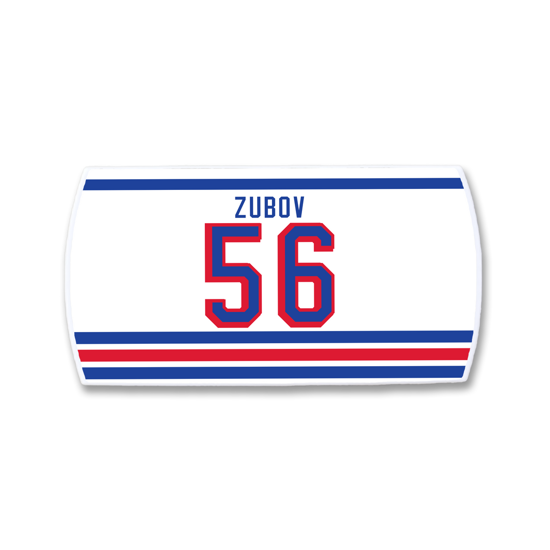 A ZippyBack™ Sergei Zubov hockey jersey nameplate in white with blue and red stripes, showcasing "ZUBOV" in blue over a big red 56 outlined in blue—celebrating the defenseman’s standout offensive skills.