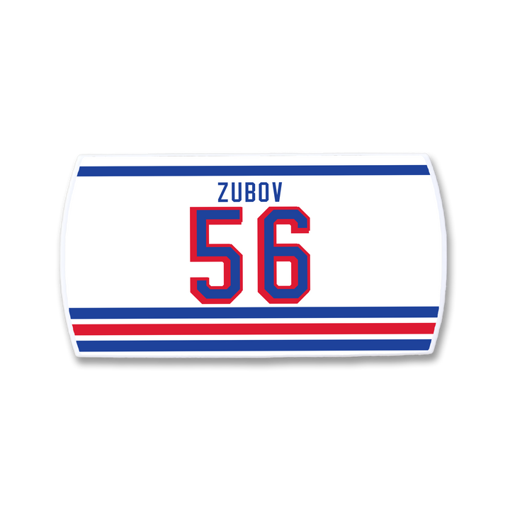 A ZippyBack™ Sergei Zubov hockey jersey nameplate in white with blue and red stripes, showcasing "ZUBOV" in blue over a big red 56 outlined in blue—celebrating the defenseman’s standout offensive skills.