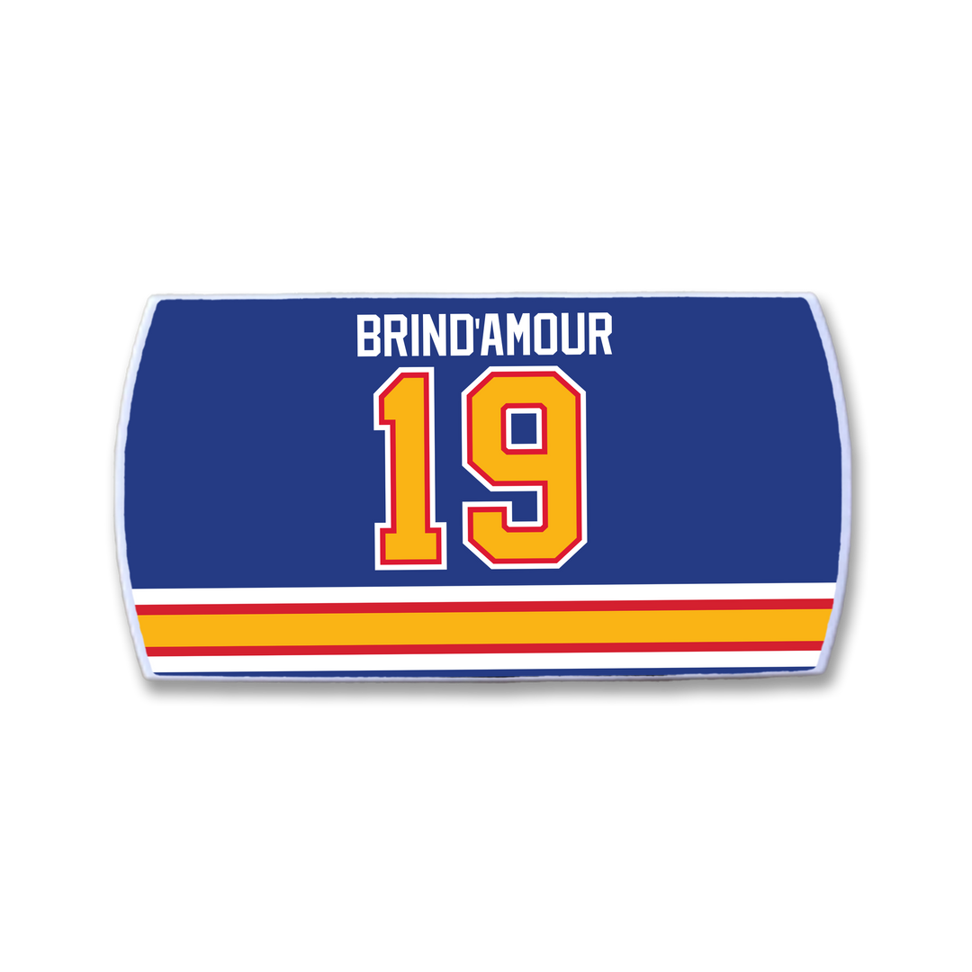 A blue rectangular ZippyBack™ patch for Rod Brind’Amour features his name in white above a bold yellow and red number 19, with red, yellow, and white stripes along the bottom.