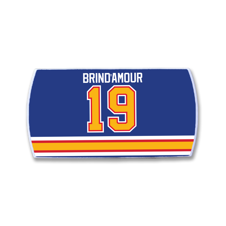 A blue rectangular ZippyBack™ patch for Rod Brind’Amour features his name in white above a bold yellow and red number 19, with red, yellow, and white stripes along the bottom.