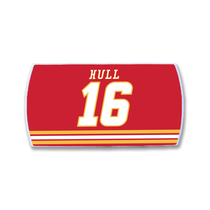 A red rectangle from ZippyBack™ with "Brett Hull" in white letters above a large white 16 outlined in yellow, plus three yellow stripes at the bottom—celebrating hockey legend Brett Hull.