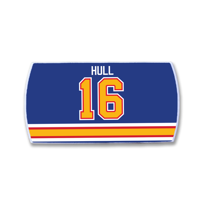 The ZippyBack™ Brett Hull patch features "HULL" in white over a bold yellow 16 with red outline on blue, celebrating the iconic goal scorer, plus horizontal yellow, red, and white stripes at the bottom.