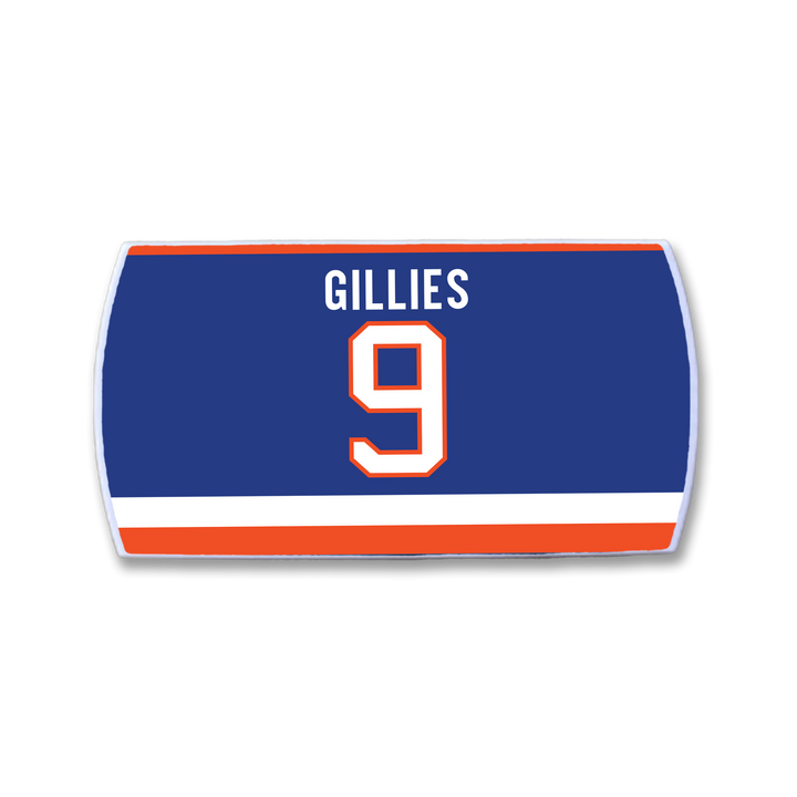 A ZippyBack™ Clark Gillies blue hockey jersey nameplate with GILLIES and number 9 in white with orange trim, plus orange and white bottom stripes—a tribute to the legendary power forward.