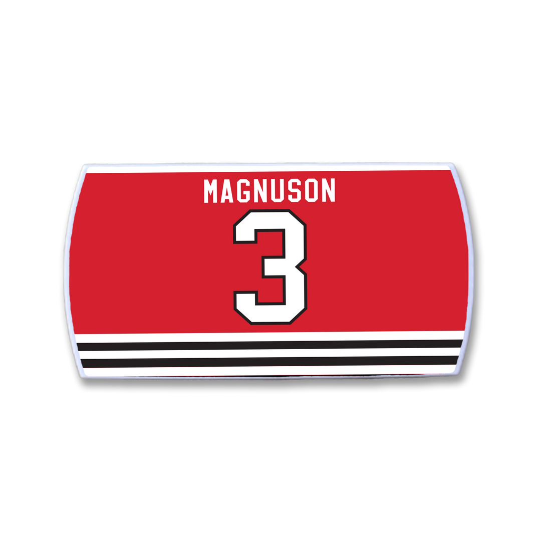 The ZippyBack™ Keith Magnuson red rectangular hockey jersey patch features his name in white above a large white number 3 outlined in black, with black and white stripes along the bottom.