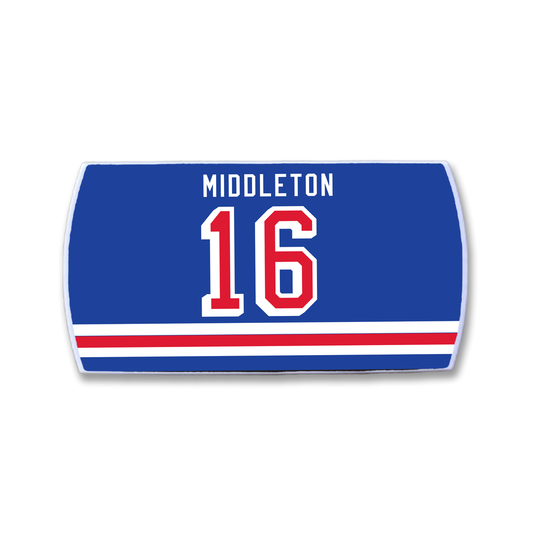 Show off your love for Rick Middleton with this ZippyBack™ blue sports jersey nameplate, featuring his name in white above the number 16 in bold white and red, plus stylish red and white stripes along the bottom—a must-have for scoring winger fans.