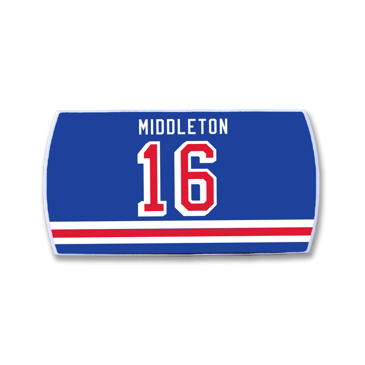 Show off your love for Rick Middleton with this ZippyBack™ blue sports jersey nameplate, featuring his name in white above the number 16 in bold white and red, plus stylish red and white stripes along the bottom—a must-have for scoring winger fans.