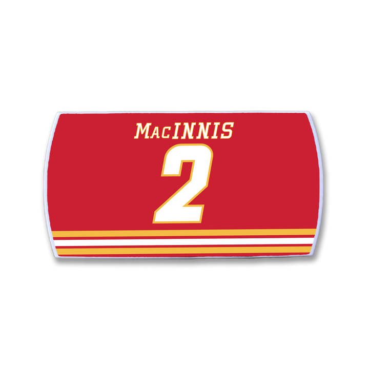 Red ZippyBack™ hockey jersey nameplate featuring "MacINNIS" in white above a large yellow and white number 2, with three yellow and white stripes at the bottom—a tribute to legendary Al MacInnis.