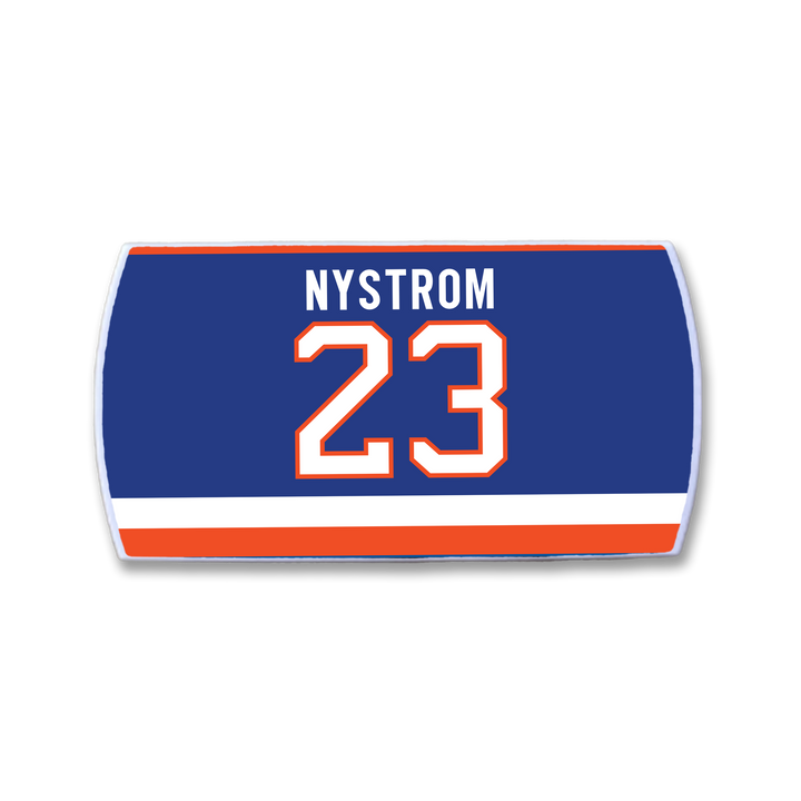 ZippyBack™ Bob Nystrom patch: blue hockey jersey style with white/orange stripes, "NYSTROM" and 23 in white with orange outline—a tribute to his clutch, championship hockey legacy.