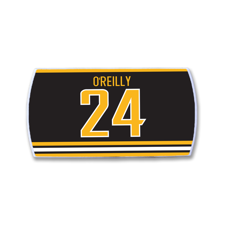 Celebrate Terry O’Reilly with this ZippyBack™ hockey jersey nameplate, featuring "OREILLY" in yellow above 24, accented by yellow and white stripes on a black background—a true tribute to a legendary team leader.
