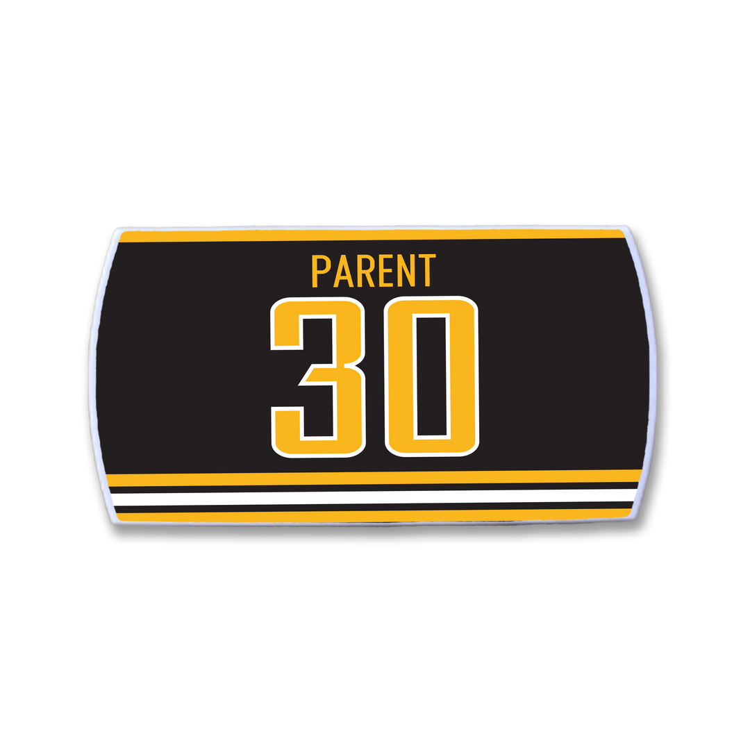 The ZippyBack™ Bernie Parent black hockey jersey nameplate features yellow and white accents, displaying "Bernie Parent" above a large yellow and white outlined number 30.