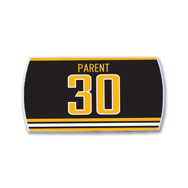 The ZippyBack™ Bernie Parent black hockey jersey nameplate features yellow and white accents, displaying "Bernie Parent" above a large yellow and white outlined number 30.
