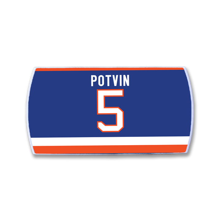 ZippyBack™ Denis Potvin patch: rectangular, blue background, white and orange stripes, "Potvin" in white at the top, large white number 5 with orange trim—honoring legendary defenseman Denis Potvin&