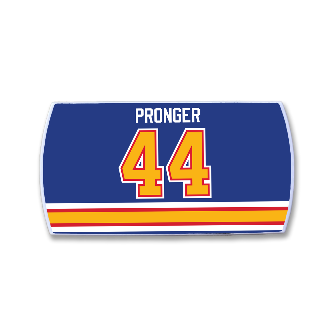 The ZippyBack™ Chris Pronger patch features his name, a blue jersey design with yellow and red outlined number 44, and two yellow and red stripes at the bottom—celebrating the legendary defenseman’s career.