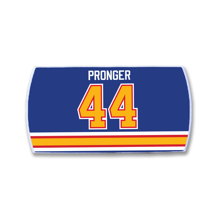 The ZippyBack™ Chris Pronger patch features his name, a blue jersey design with yellow and red outlined number 44, and two yellow and red stripes at the bottom—celebrating the legendary defenseman’s career.