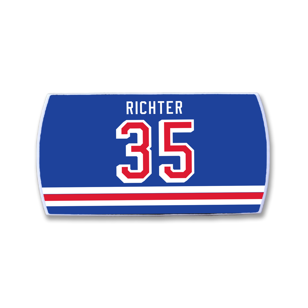 ZippyBack™ Mike Richter blue sports jersey patch features the name RICHTER and number 35 in white and red above bold red and white stripes, celebrating the legendary goaltender’s iconic performances.