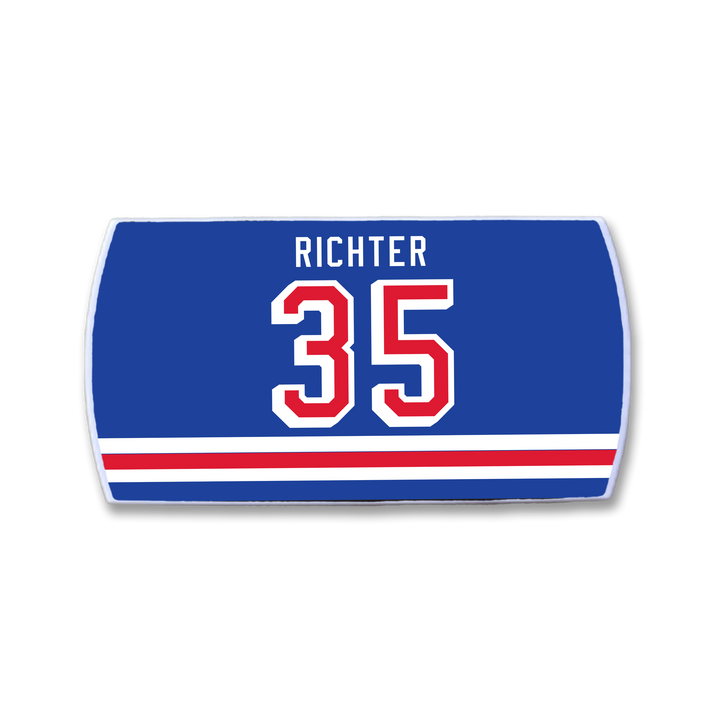 ZippyBack™ Mike Richter blue sports jersey patch features the name RICHTER and number 35 in white and red above bold red and white stripes, celebrating the legendary goaltender’s iconic performances.