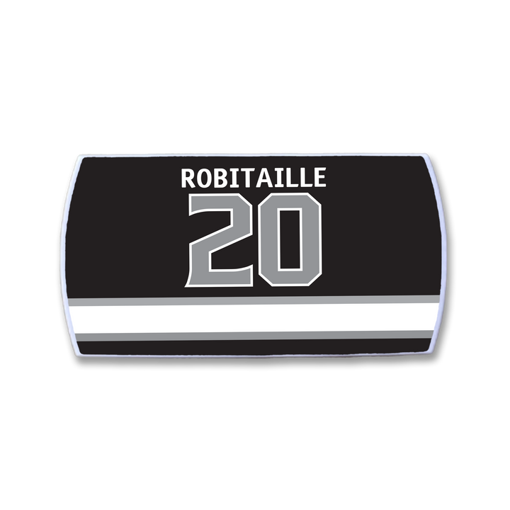 The ZippyBack™ Luc Robitaille black hockey jersey nameplate displays his name in white above the number 20, with bold white and silver horizontal stripes underneath.