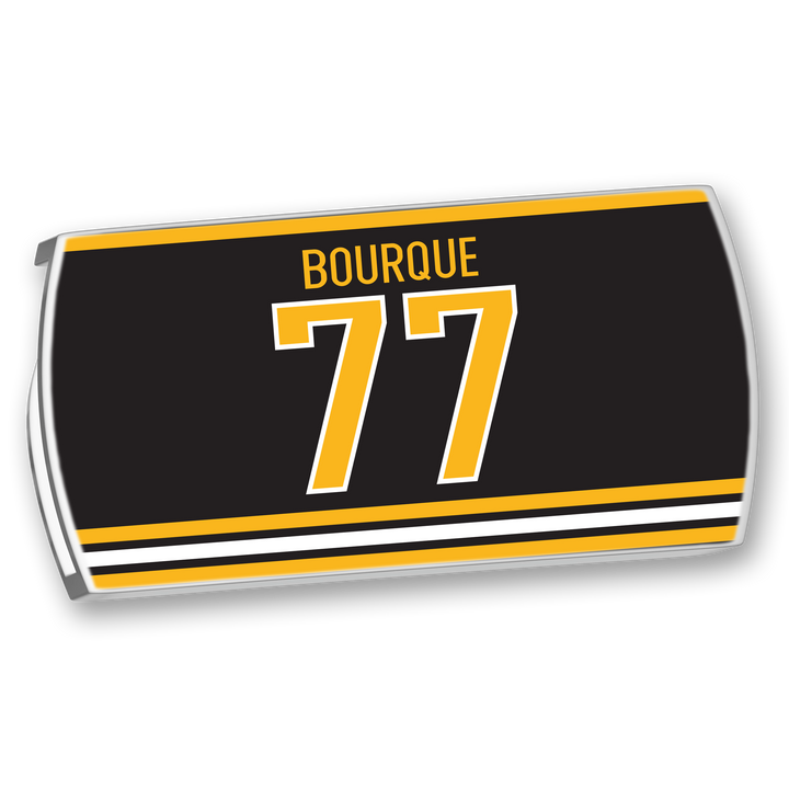 The ZippyBack™ Ray Bourque black hockey jersey nameplate features "Ray Bourque" in yellow above the number 77, accented with yellow and white stripes along the bottom.