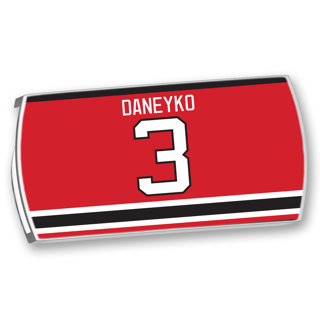 The ZippyBack™ Ken Daneyko nameplate features "DANEYKO" in white above a bold white number 3 on red, accented by black and white stripes—a tribute to the hockey legend’s renowned durability and defense.